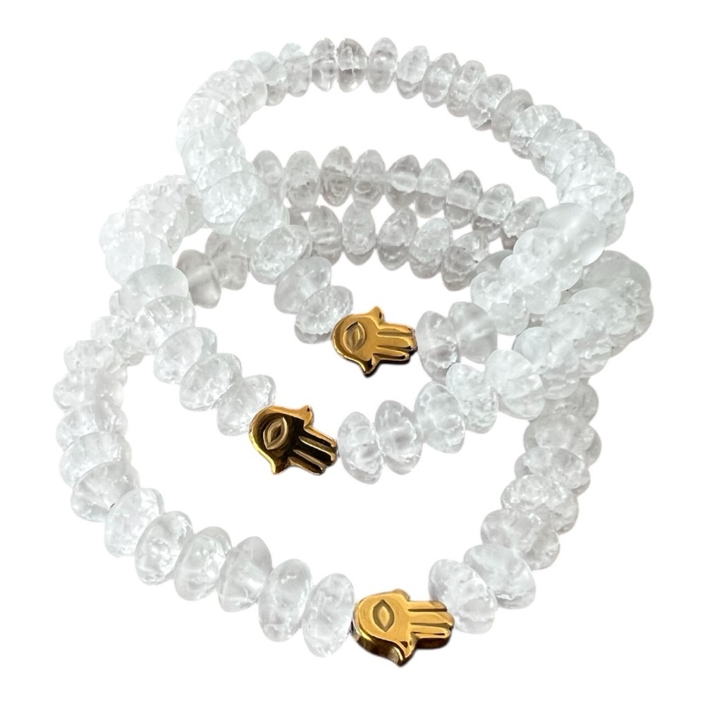 White Quartz and Hematite Beaded Bracelet with Hamsa Hand Set of 3 - Picture 4 of 4